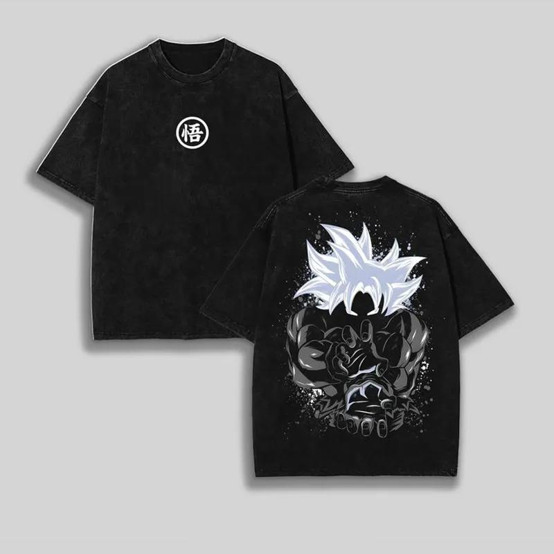 Goku Ultra Instinct T Shirt Men Acid Wash Oversized Anime Silver Hair Cotton Vintage Gym Streetwear Splatter Graphic Back Tee M
