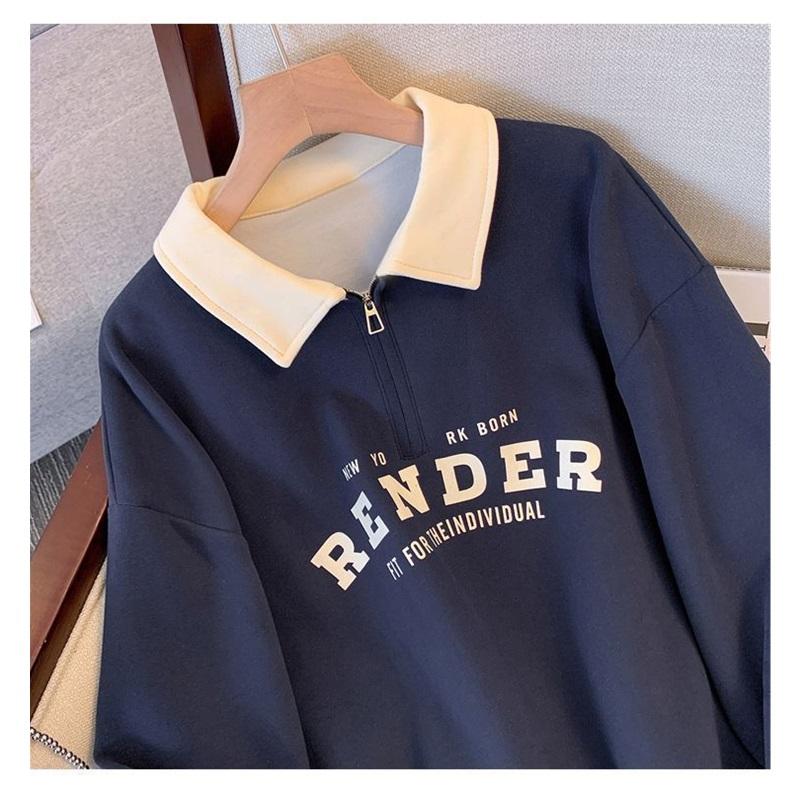 Damen Polokragen Halbreißverschluss Sweatshirt Buchstabendruck Locker Lässig Crop Top