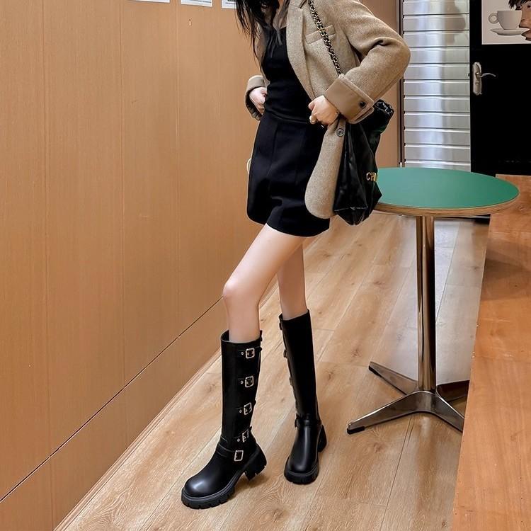 Cowhide Version~ British Style Belt Buckle Boots 2025 Spring and Autumn New Side Zipper Knight Boots Women's Long Boots