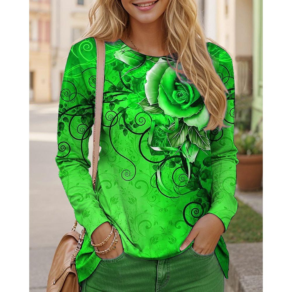 Long Sleeve Floral Pattern Gradient Women T-Shirts Spring Autumn 3D Flower Printed Street Ladies Tee 3XL Plus Size Casual Tops
