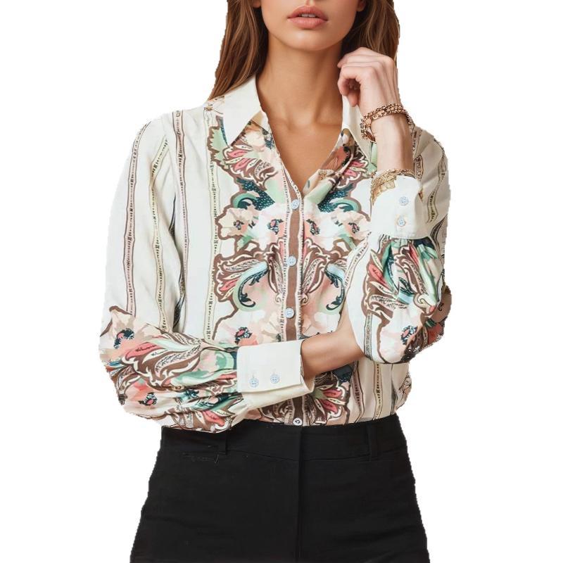 Women's Floral Stripe Long-Sleeve Shirt Button Front Loose Fit Casual Blouse