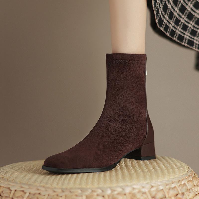 Damen-Wildleder-Stiefeletten mit dicken Absätzen für Herbst und Winter neue Damenstiefel
