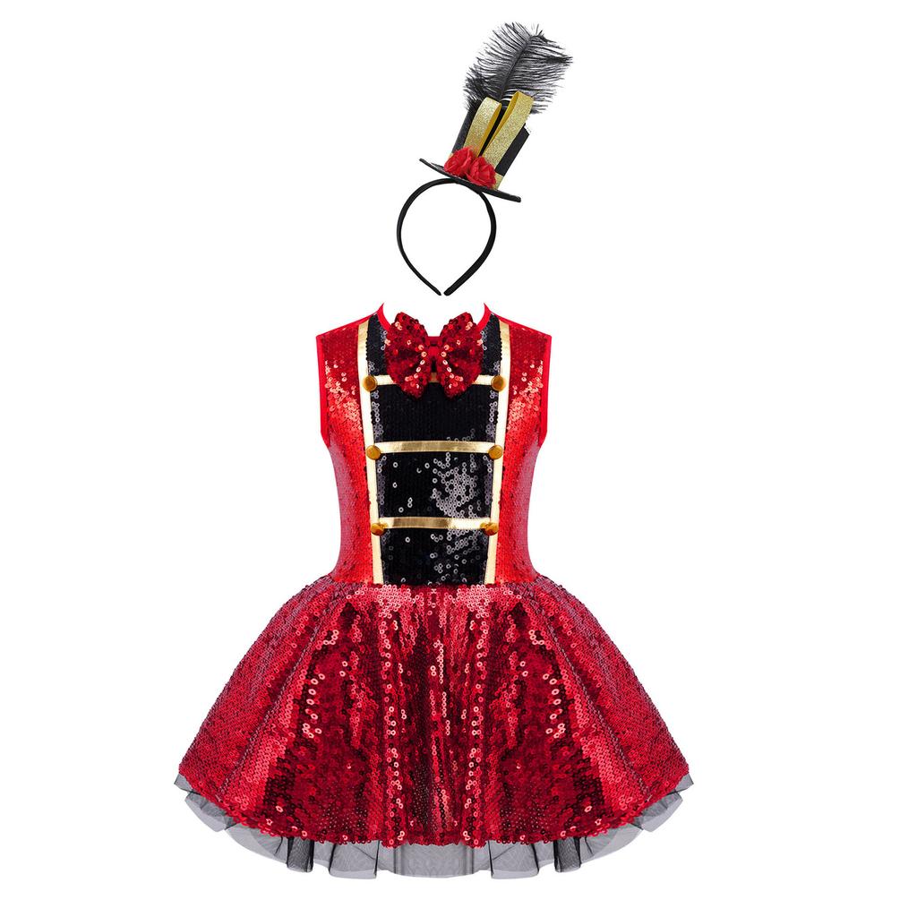 Girls Carnival Costume Round Neck Sleeveless Shiny Sequins Leotard Dress Feather Mini Top Hat Party Outfit