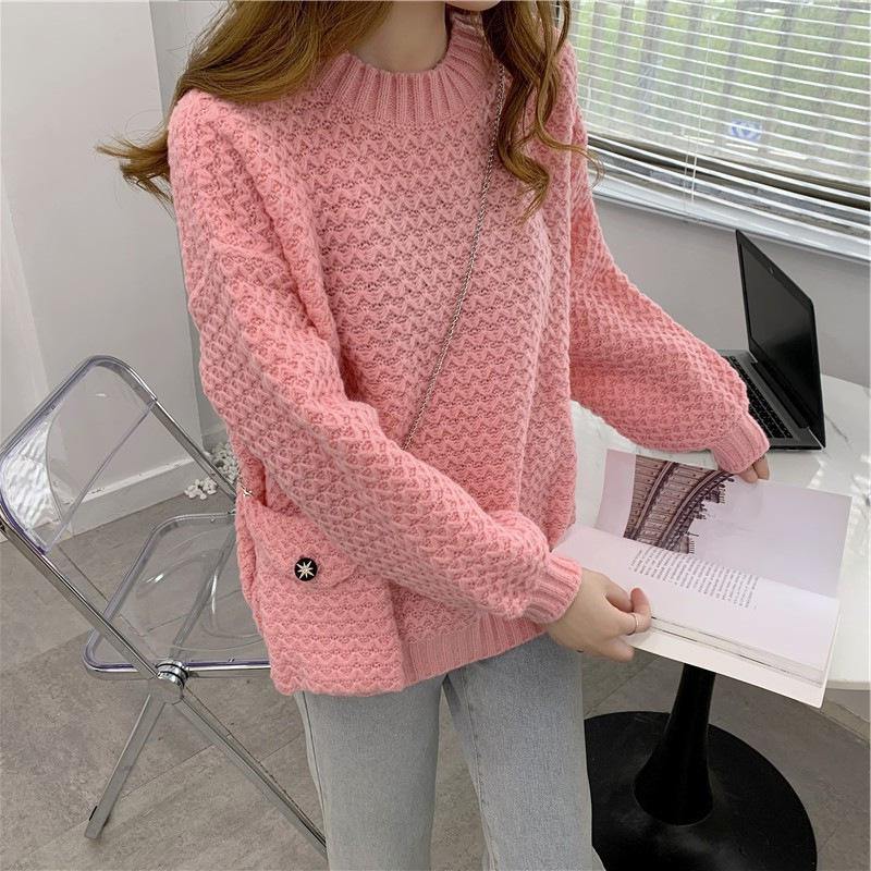 Autumn and Winter Pullover Solid Color Sweater Women Loose Pullover Corrugated Bottoming Knitted Sweaters Top