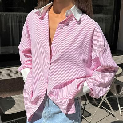 Casual Vintage Striped Long Sleeve ShirtsWomen Loose Lapel Single Breasted Oversize Blouse Fashion Versatile Daily Tops