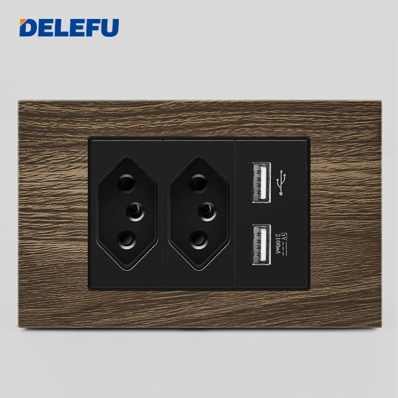 DELEFU Brasilianischer 118er Vintage Aluminium-Holzmaserung Schaltersteckdose mit USB Typ-C Anschluss Netzstecker ist Langlebig.