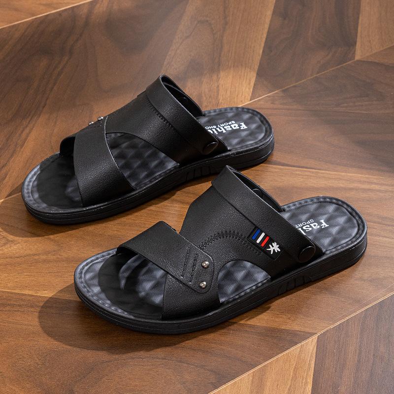 

Summer Men s Dual Purpose Leather Sandals Soft Sole Non-slip Open Toe Sandals Outdoor Beach Holiday Slippers Sandalias De Hombre 40 чёрный