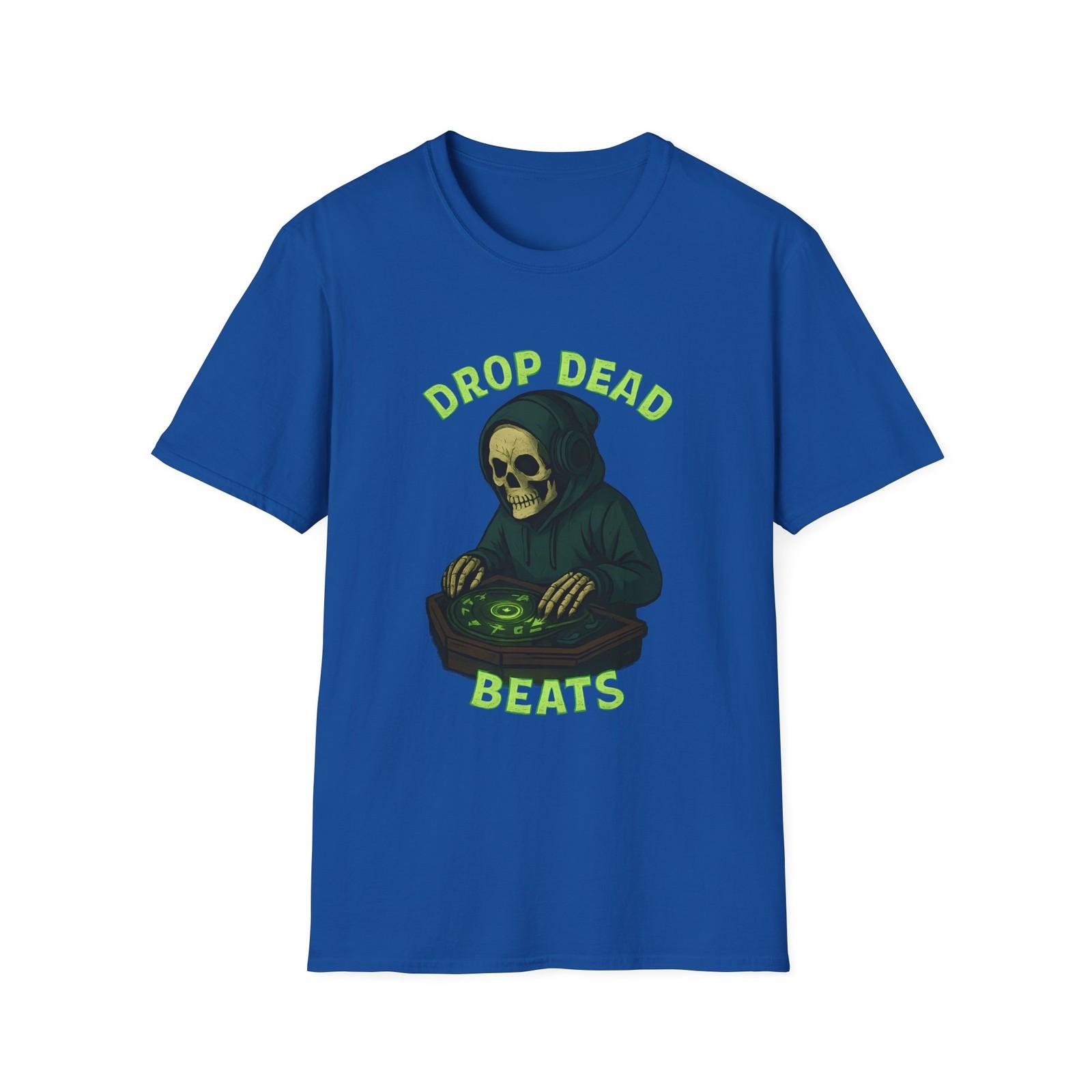 Unisex Softstyle T-Shirt Mens Womens Tees Top Drop Dead Beats DJ Skeleton Coffin Halloween Tee S