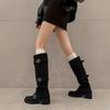 2025 autumn and winter temperament thin ins leather buckle belt pleated knight boots genuine leather but knee boots children