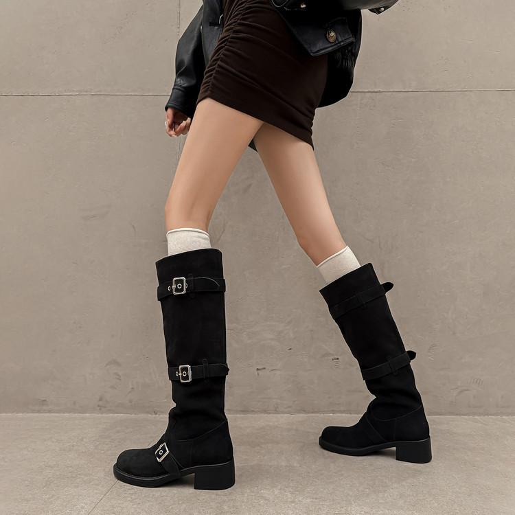 2025 autumn and winter temperament thin ins leather buckle belt pleated knight boots genuine leather but knee boots children