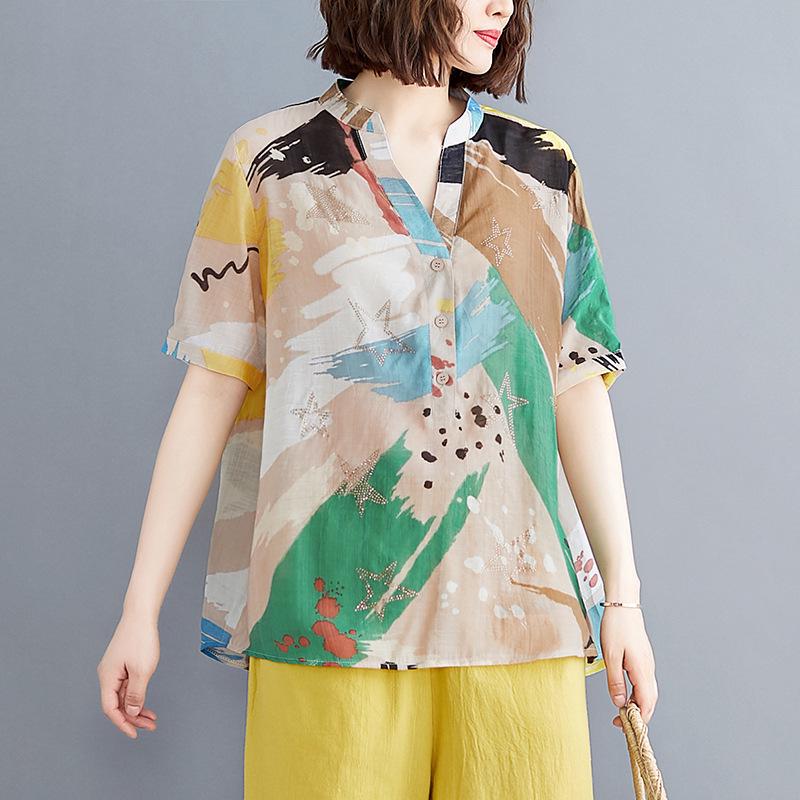 

2026 Women s Summer Casual Set: Painted Shirt & Cropped Linen Wide-Leg Pants 2XL
