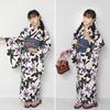 Fuuka Yukata Children Girls Kids Set 2 Piece Obi 130cm Lily Black Beige Purple in [Fuuka] (Heiko Obi/Made Japan/Navy) 07-130-B233
