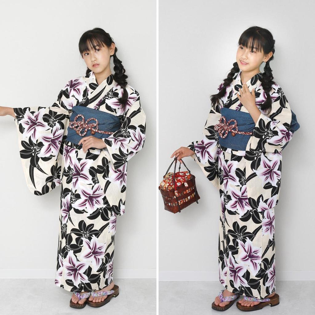 Fuuka Yukata Children Girls Kids Set 2 Piece Obi 130cm Lily Black Beige Purple in [Fuuka] (Heiko Obi/Made Japan/Navy) 07-130-B233