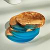 4 Piece Wooden Coasters With Epoxy Resin Blue For Drinks, Modern Coasters For Bar Kitchen Home Apartment