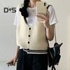 Women Sling Vest Slim Fit V-Neck Sleeveless Top with Striped Pattern Single Breasted Knitted Sweater Daily Wear