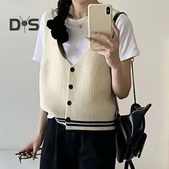 Women Sling Vest Slim Fit V-Neck Sleeveless Top with Striped Pattern Single Breasted Knitted Sweater Daily Wear