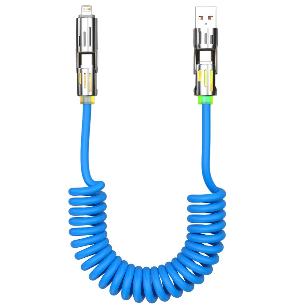 240W LED Light Spring Retractable 4-in-1 Super Fast Charging Cable for Car - iPhone, Samsung, Xiaomi