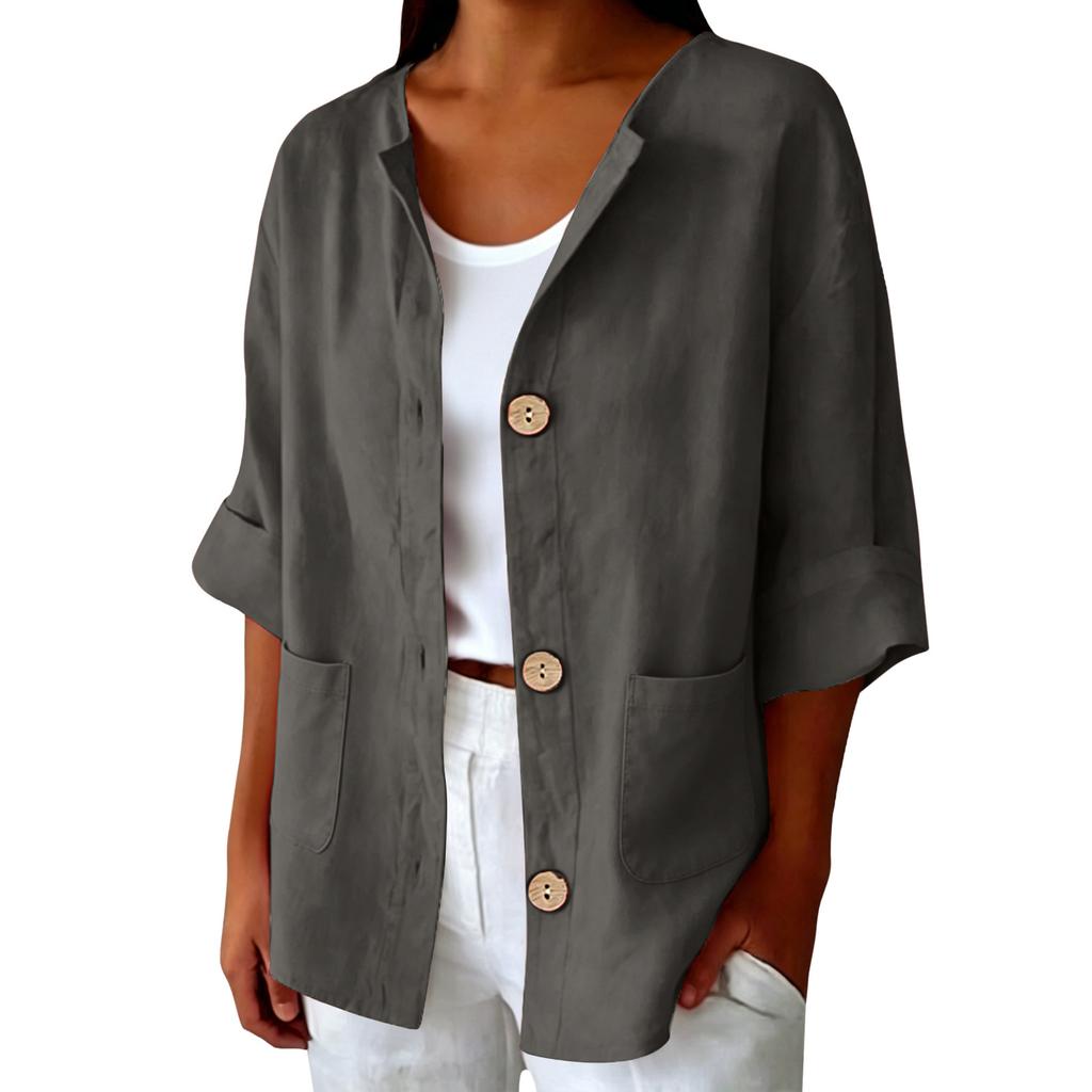 Women Casual Solid Color Linen Cotton Blend Cardigan Button Front Pocket Long Sleeve Lightweight Jacket