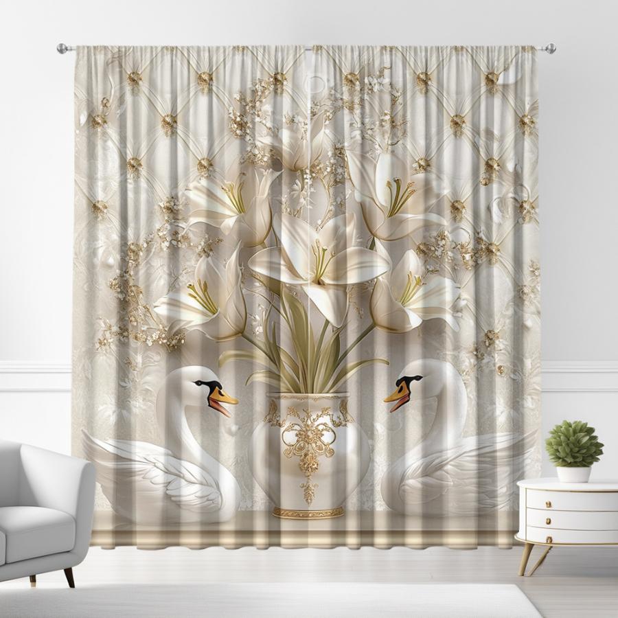 2PCS Digital Printed Curtains, Swan Lily Floral Pattern, Elegant Romantic Dreamy Style for Living Room Bedroom Home Decor