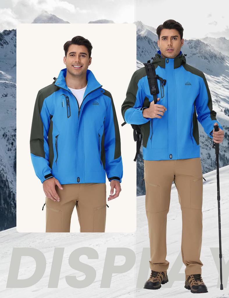 [Gopune] Men's Mountain Parka Outdoor Jacket, Windproof Water-Repellent Hiking Hooded Coat for Climbing Cycling Fishing, Spring Autumn Winter, Blue L