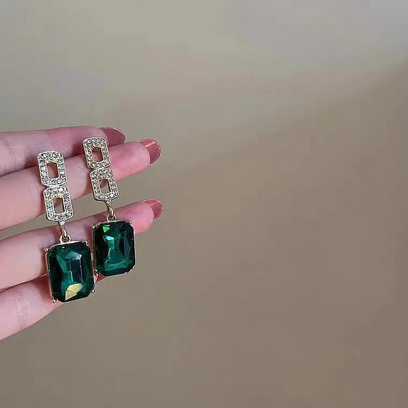 Geometric Diamond & Emerald Retro Earrings - 925 Silver, Elegant Korean Design