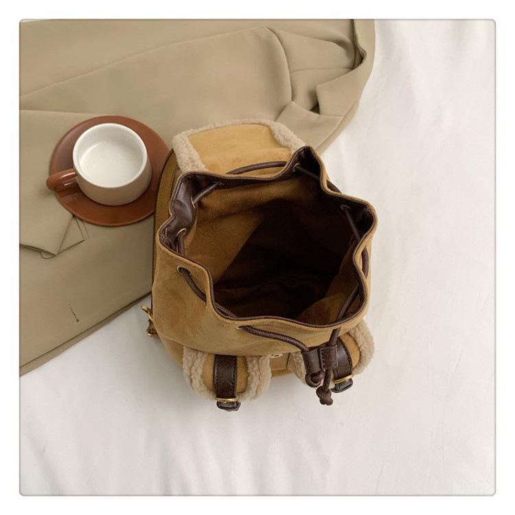 2025 Autumn/Winter Women's Retro Lambswool Color Block Handbag Backpack