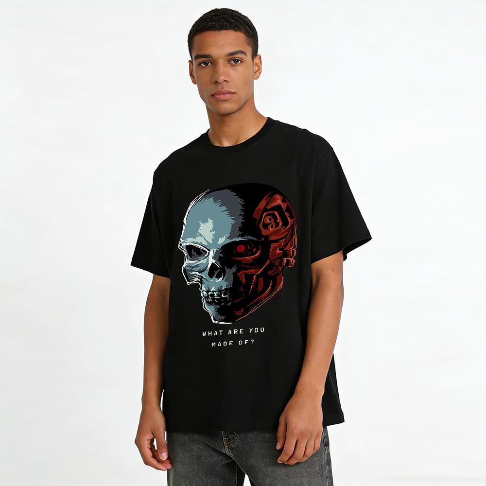 Cyberpunk Style Mechanical Skull Print Men's Casual T-Shirt Pure Cotton T-shirt