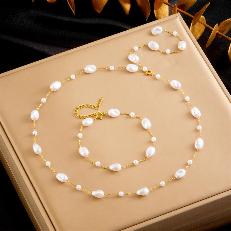 18K Gold Plated Baroque Pearl Jewelry Set, Dainty Freshwater Pearl Necklace Bracelet for Women, Elegant Gift