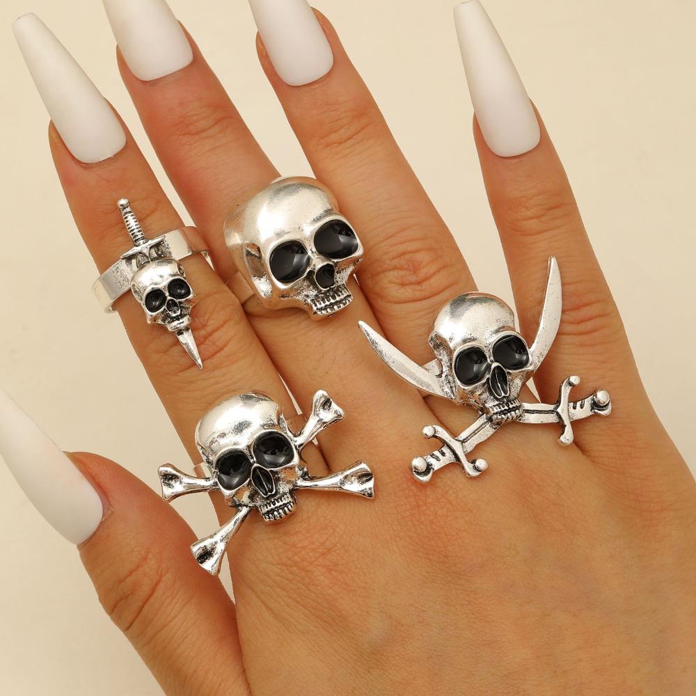 Punk Exaggerated Sliver Color Stereo Skull Open Ring for Men Women Hip-hop Gothic Halloween Party Finger Jewelry Accessory Gift