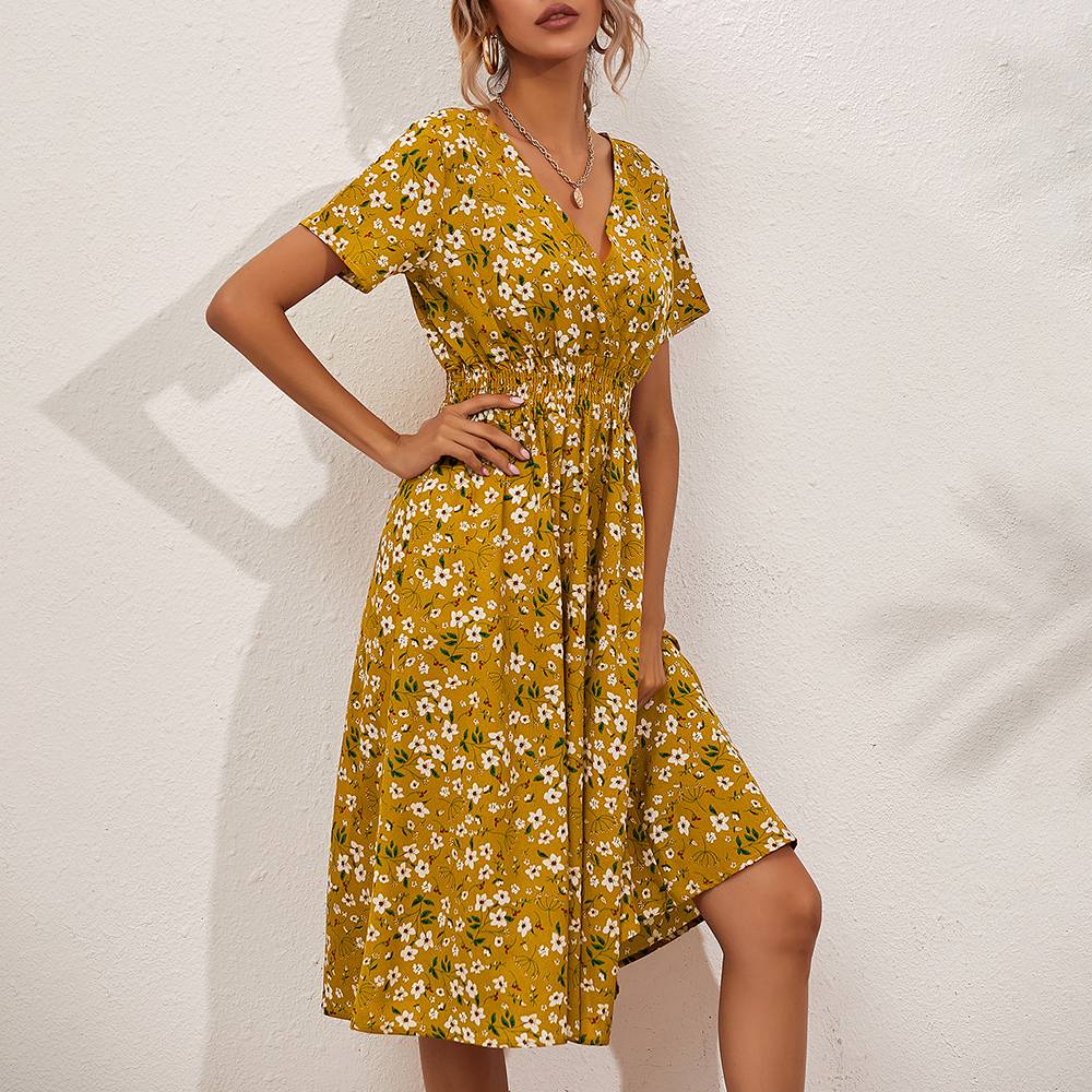 Womens Boho Floral V Neck Midi Dress Ladies Short Sleeve Summer Beach Sundress