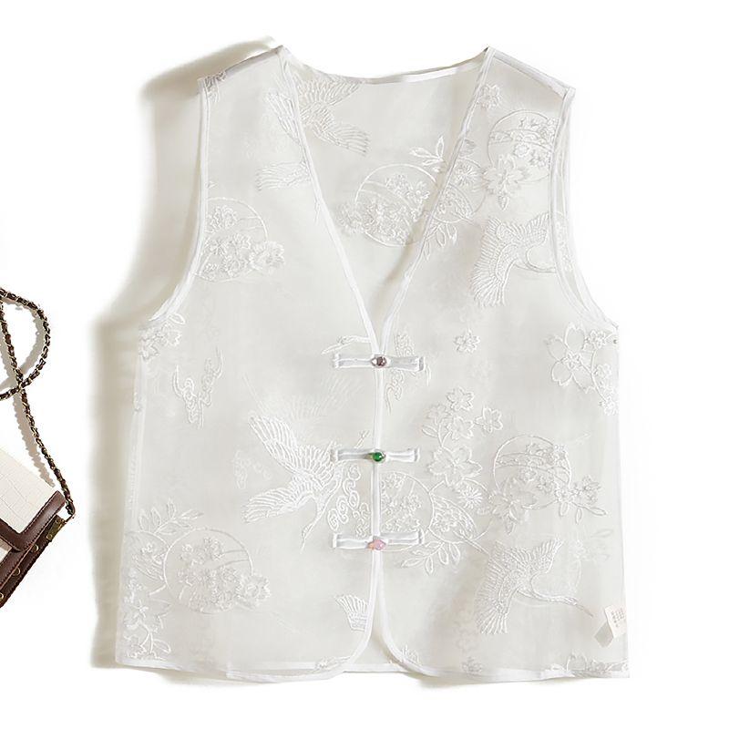 

Three-Dimensional Relief Embroidered! Pure Love Welfare Girlish Style Summer Organza V-neck Vest Super Youthful White L