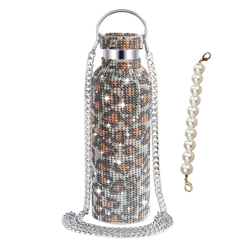 500/600/750/1000ml Diamond Thermos Bottle With 2pcs Chain Portable Rhinestone Water Bottle Stainless Steel Thermal Vacuum Flask