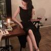 Summer new French coffee break vest long dress sexy waist white splicing suspender dress