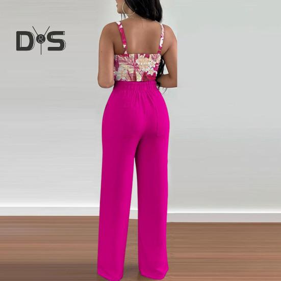 Summer Two Piece Outfits for Women Sleeveless V-neck Halter Tank Top Wide Leg Pants Set Summer Casual Floral Print Matching Suit