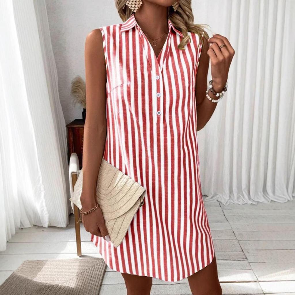 2026 Sleeveless Striped Button-Up Casual Women's Shirt Dress