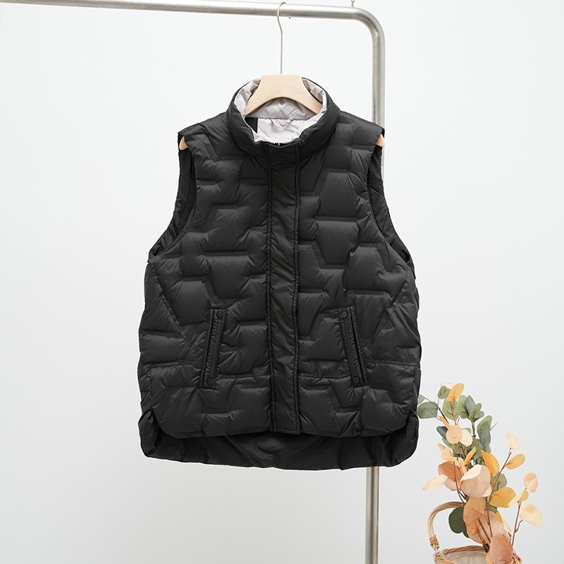 Autumn and Winter Women's Duck Down Fleece Waistcoat Women Loose Stand Collar Pockets Warm Quilted Puffer Sleeveless Vest