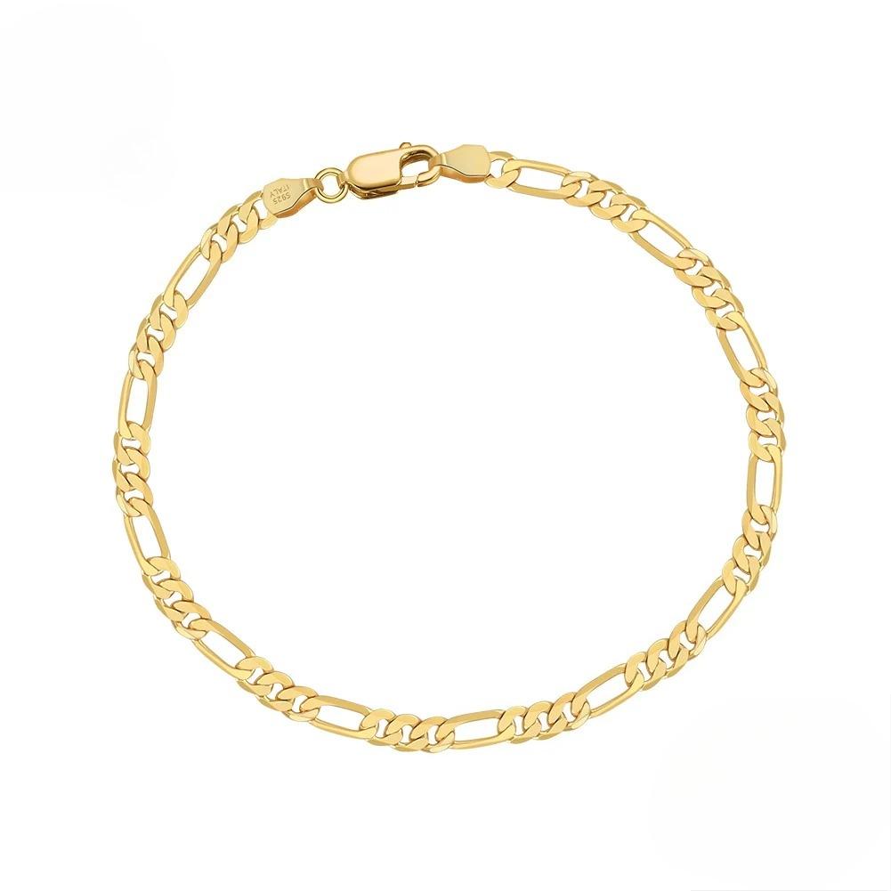 

925 Sterling Silver Italian 3.3mm Diamond-Cut Figaro Chain Bracelet for Women Handmade Party Jewelry золотой