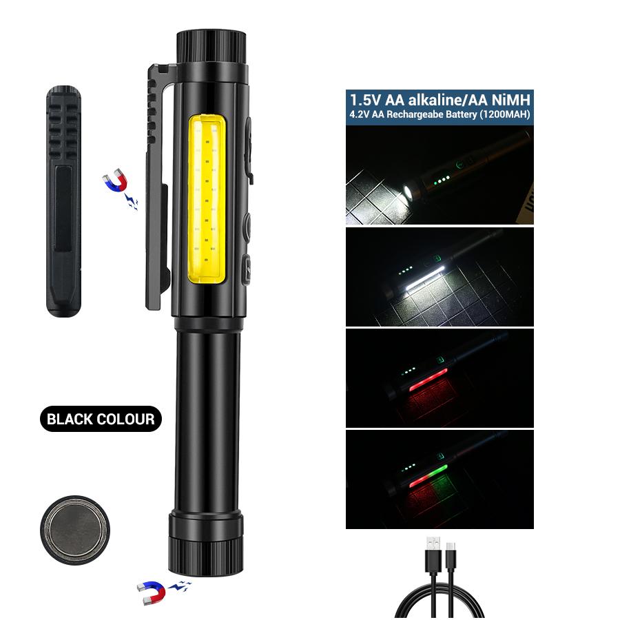 Type-c Rechargeable Mini LED Flashlights Pocket Clip Penlight COB Red And Green Flashes Dual Magnetic Design Waterproof Torch