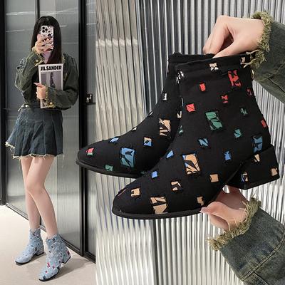 Nouvelles chaussures d'automne pour femmes, bottines à bout rond, talons épais, bottes patchwork en denim pour femmes