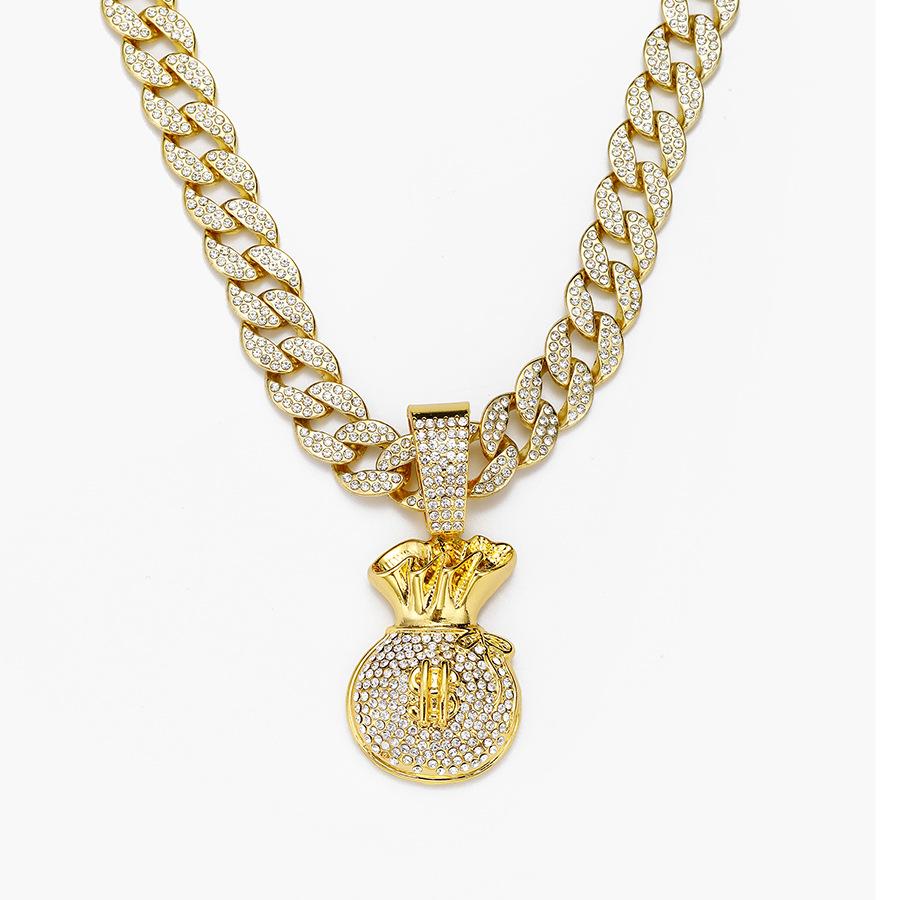 Hip Hop USD Full Diamond Personalized USD Symbol Money Bag Alloy Pendant Hip Hop Men's Cuban Chain Necklace
