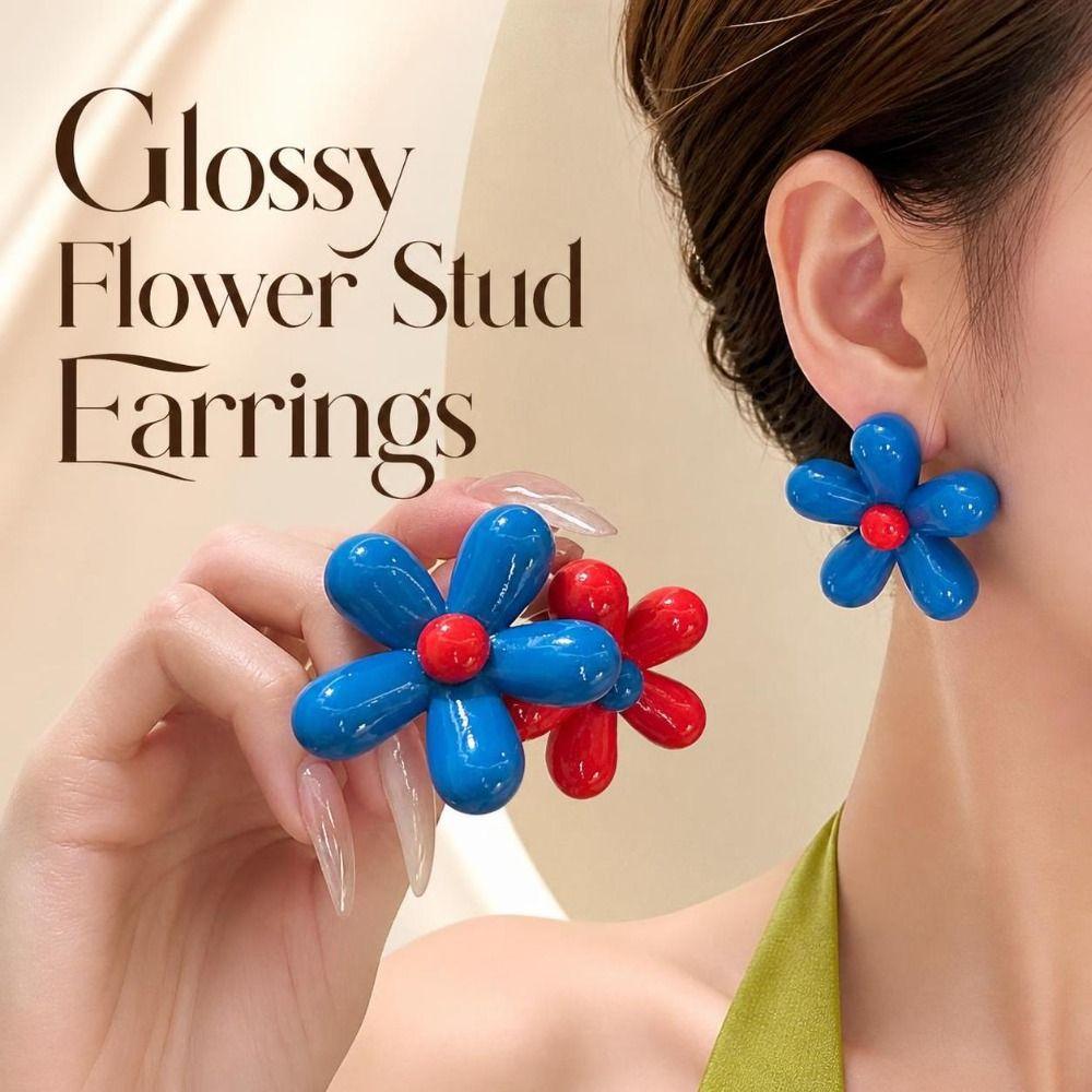 Oversized Resin Flower Earrings Glossy Asymmetry Earrings Trendy Flower Stud Earrings  Women Girls