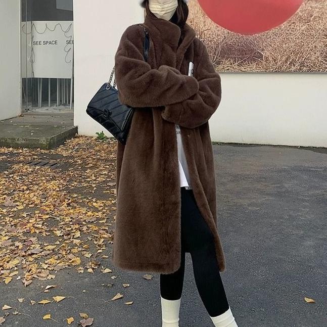 Women Faux Fur Coat Solid Long Fur Coat Fluffy Luxury Loose Casual Stand Up Collar Fur Coat Outerwear Winter