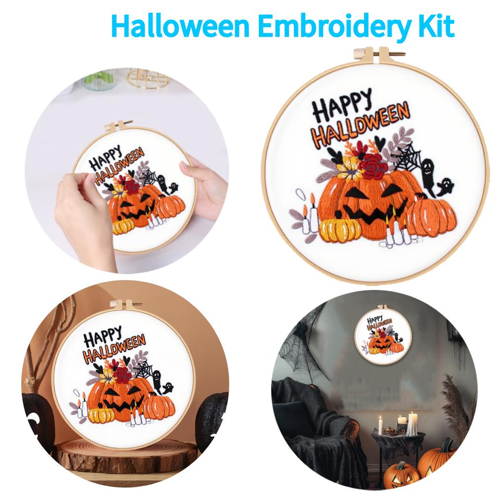Halloween Hand Embroidery Counted Stamped Embroidery Kit Cross Stitch Needlepoint Halloween Craft Needlework for Adults Beginner
