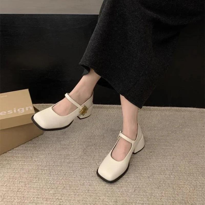 New Women Fashion Square Toe Close Toe Ankel Strap Mules Ladies Elegant Mary Jane Ballet Shoes Mid Heel Dress Pumps 2025