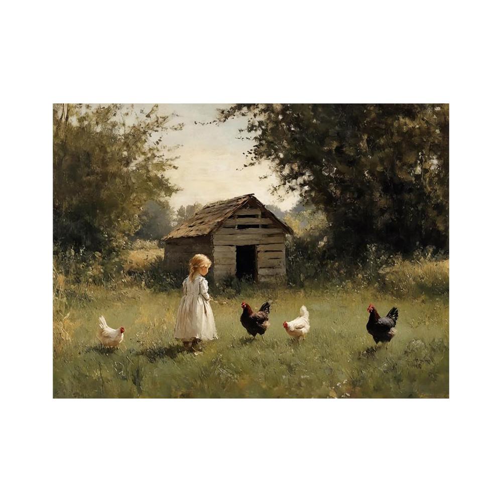 

Vintage Farmhouse Canvas Art Print - Cute Little Girl and Chick Countryside Scene, Unframed Wall Decor 20x30cm
