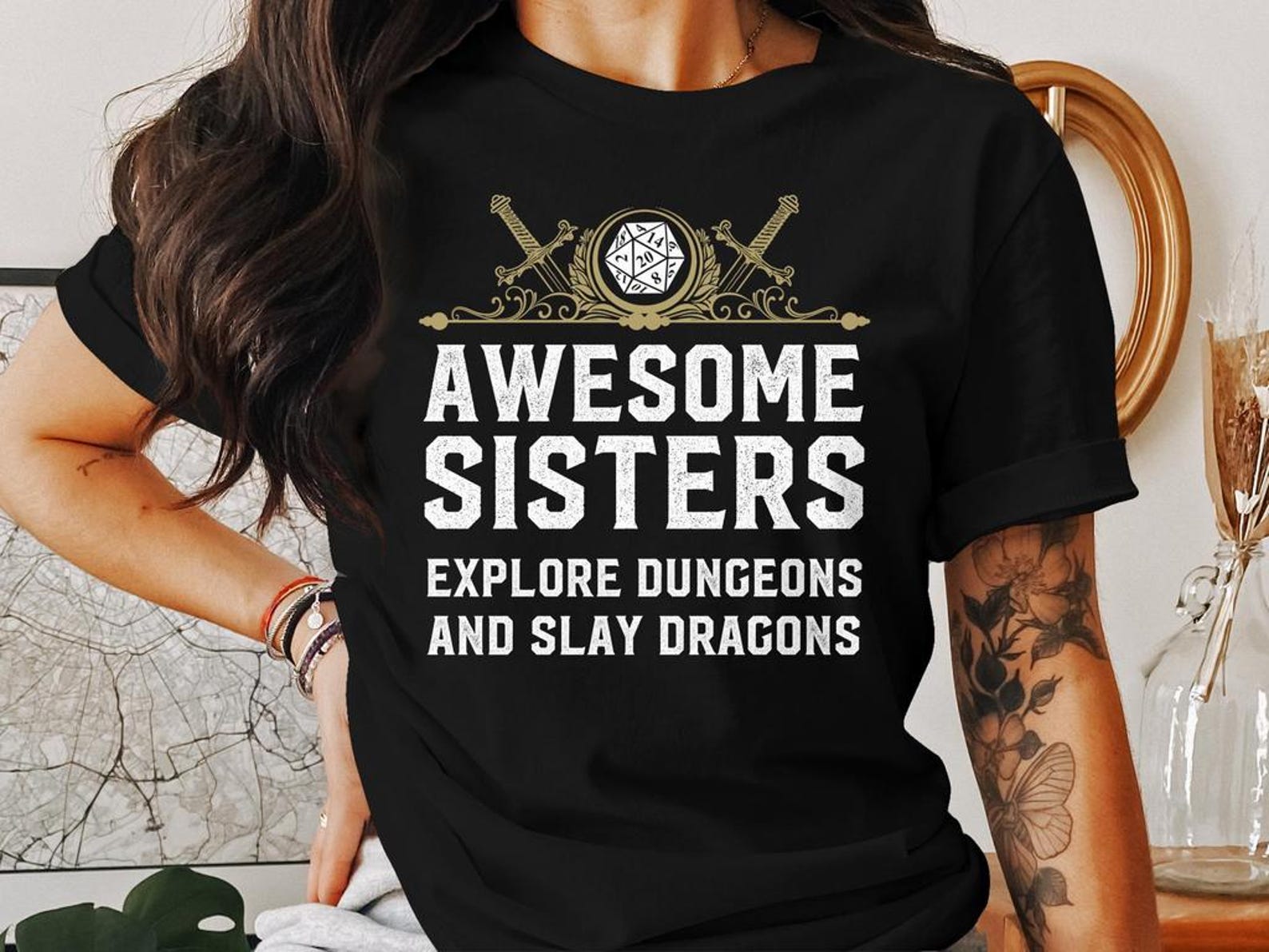 Awesome Sisters Dungeons Tabletop RPG Roleplaying Dragons D20 Shirt for D&D Fans DND Gamer T-Shirt 4XL