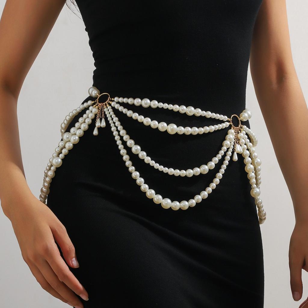 European and American Accessories New Metal Multi-layer Pearl Waist Chain Women's High-end Belt with Skirt Beaded Body Chain