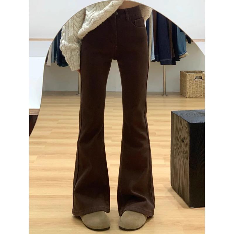 Fleece thickened brown slightly pulled jeans women's winter new m high waist thin elastic flared pants