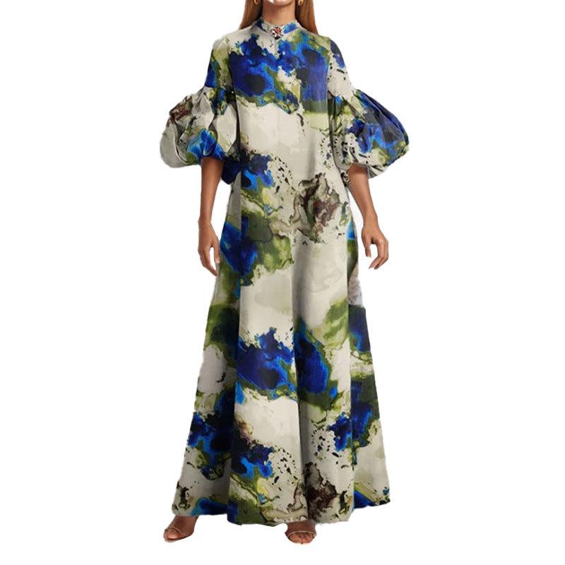 New summer models, European and American women's clothing, casual commuting bubble sleeve printed loose dress