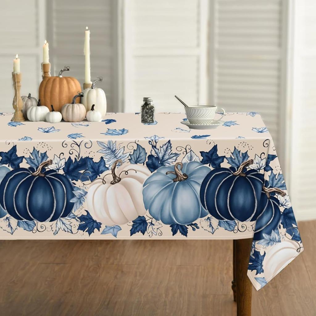 Herbst Ernte Blaue Kürbis Ahornblätter Rechteckiger Tischdecke für Tischdekor Wiederverwendbar Küche Esstischdecke Herbst Dekoration